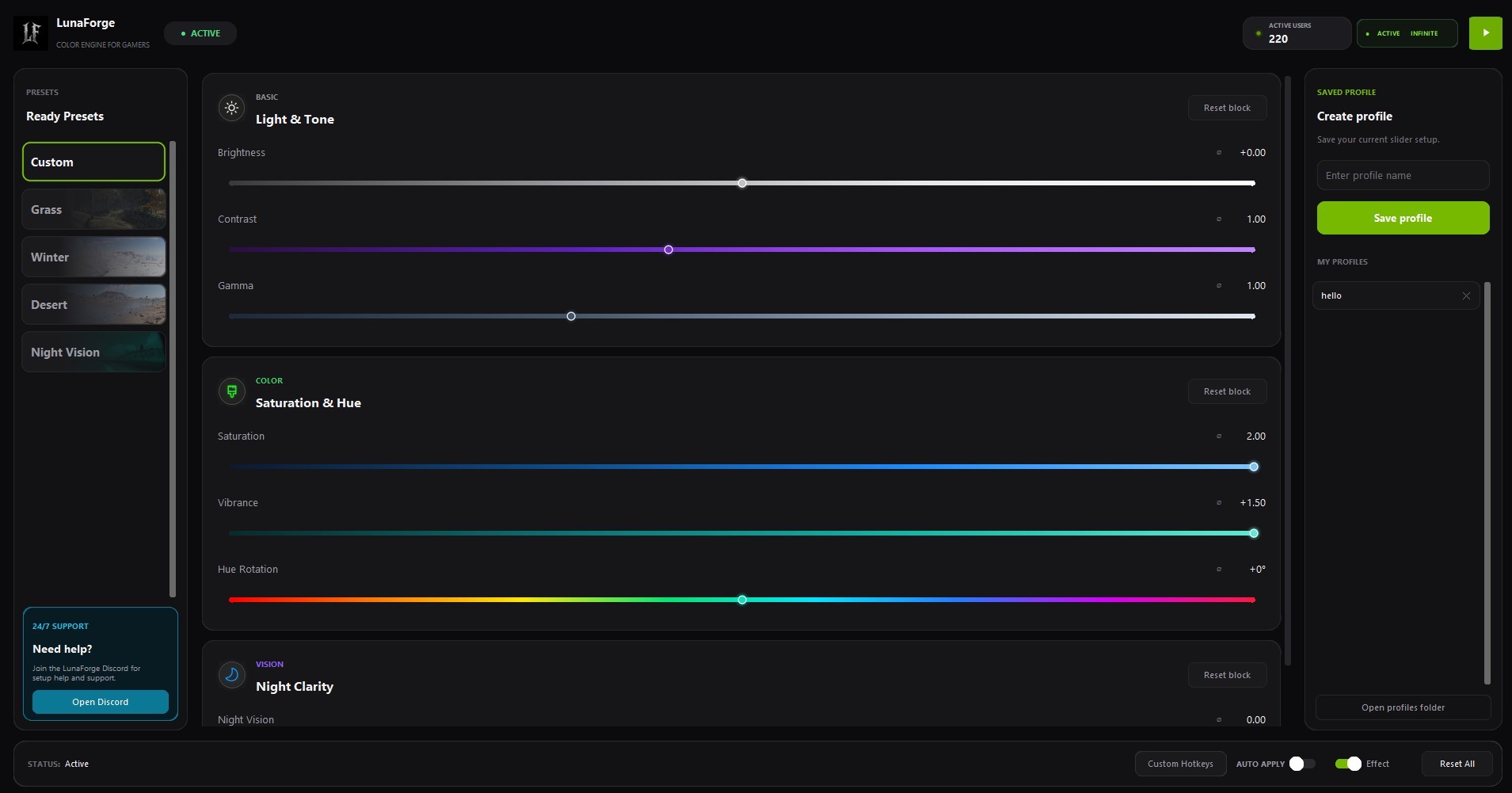 LunaForge desktop application control panel with brightness, contrast, gamma, saturation, vibrance, hue and night clarity sliders